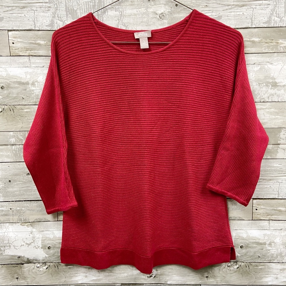 Chico’s Cranberry Red Ribbed Dolman Sleeves Size 1